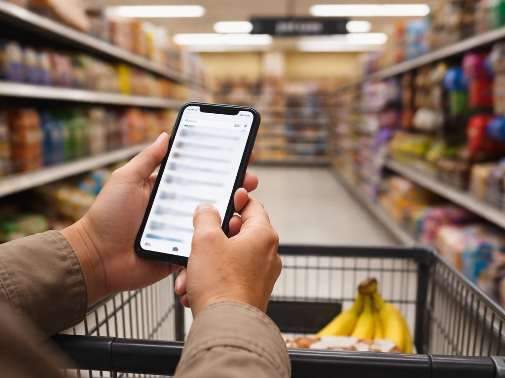 Hands using a smartphone in a grocery store aisle, searching for pet bird seed near pet care shelves.