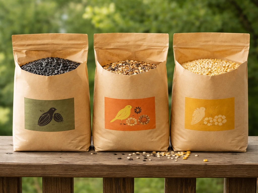 Three bird seed bags side by side on a porch shelf: black oil sunflower, mixed blend, and milo/cracked corn.