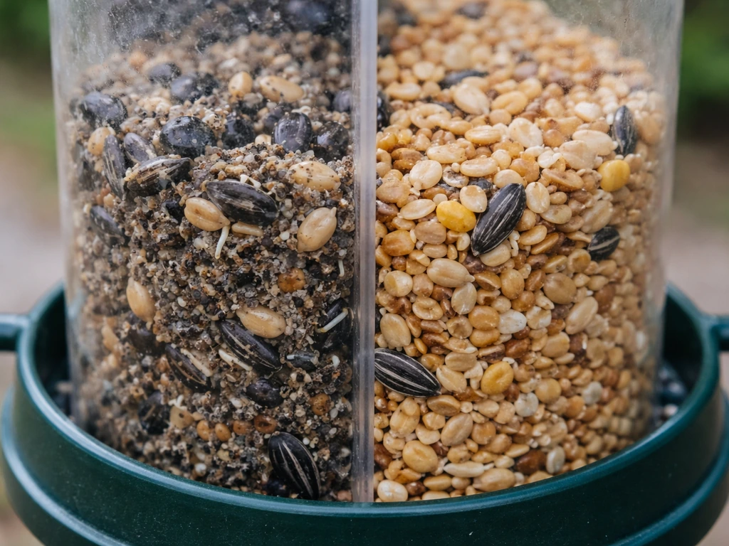 Close-up of a bird seed feeder showing wet clumped seed versus clean dry seed.