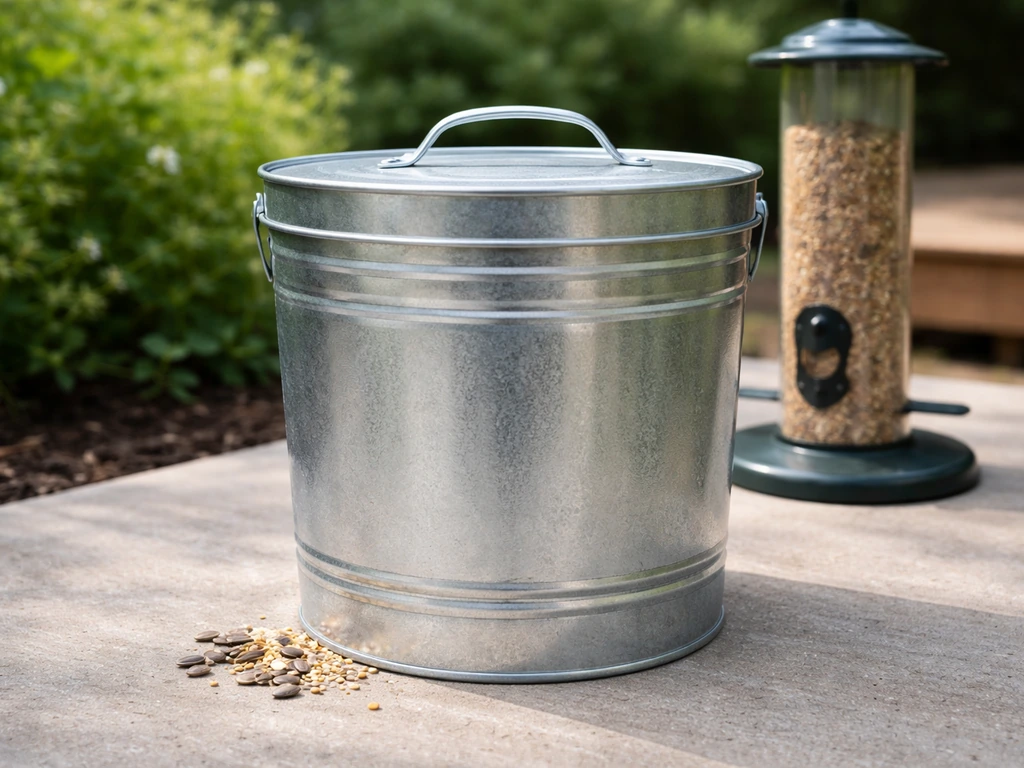 Sealed bird seed can next to a simple backyard bird feeder on a clean patio surface.