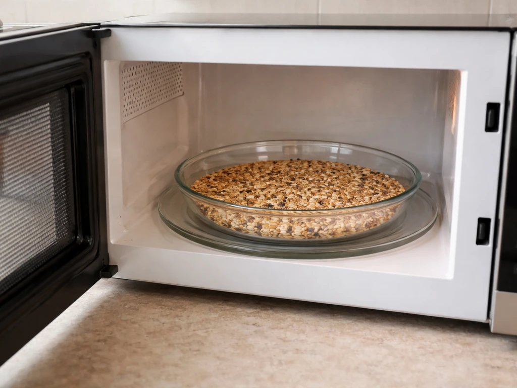 Microwave-safe dish of spread-out bird seed inside an ajar microwave, kitchen countertop background.