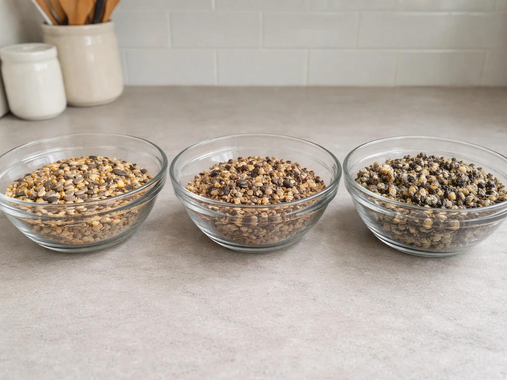 Three glass bowls of bird seed: dry, slightly damp, and visibly moldy/wet—clear texture comparison.