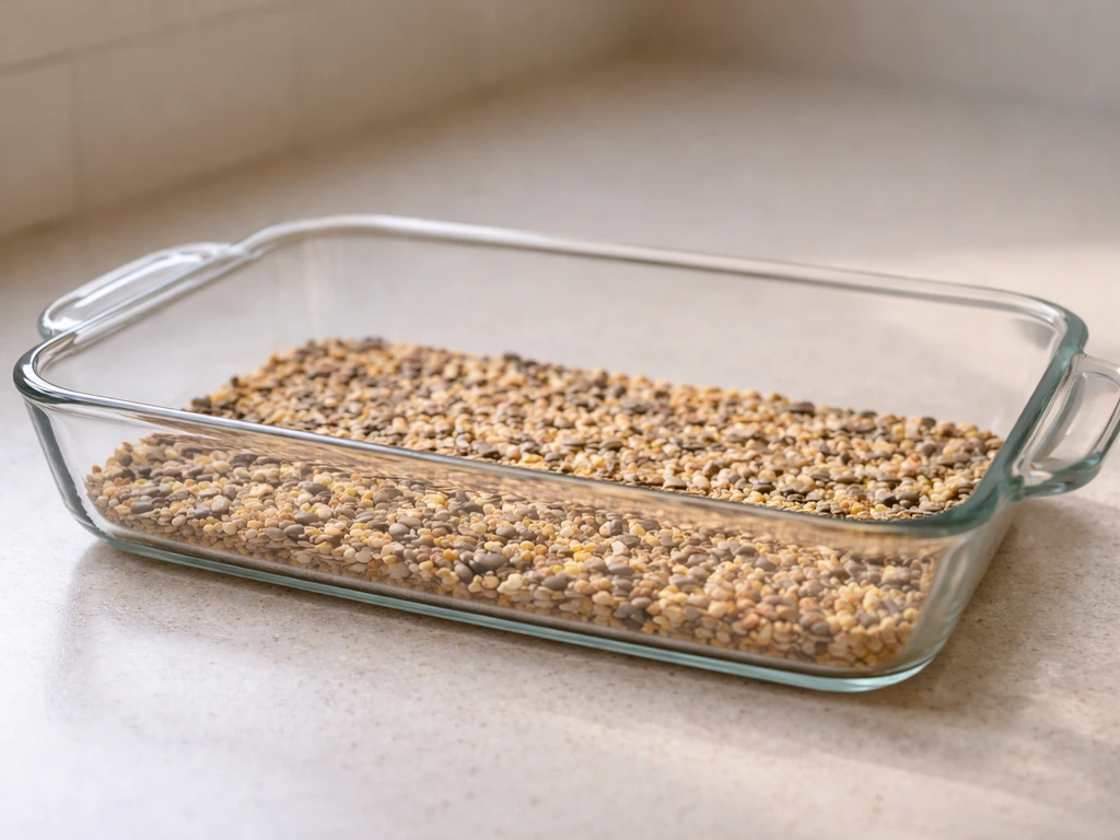 Microwave-safe glass dish with bird seed spread in a thin single layer on a countertop.