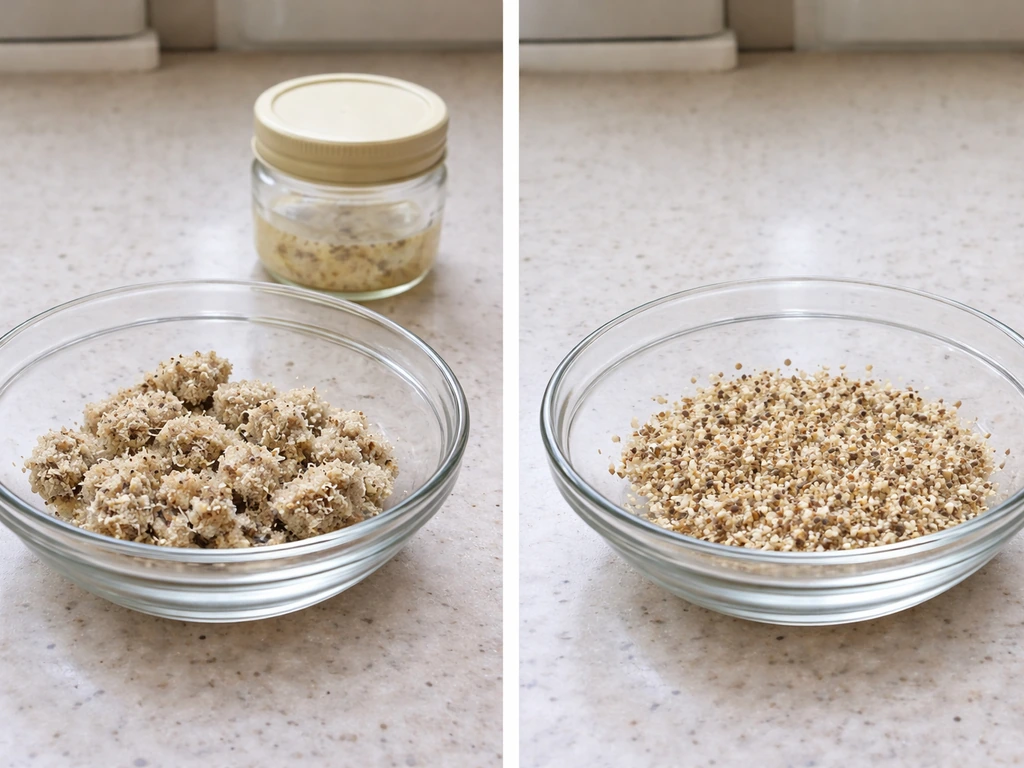 Two bowls of microwave-treated seeds: uneven clumps with specks vs evenly thinned dry layer, plus a small jar.