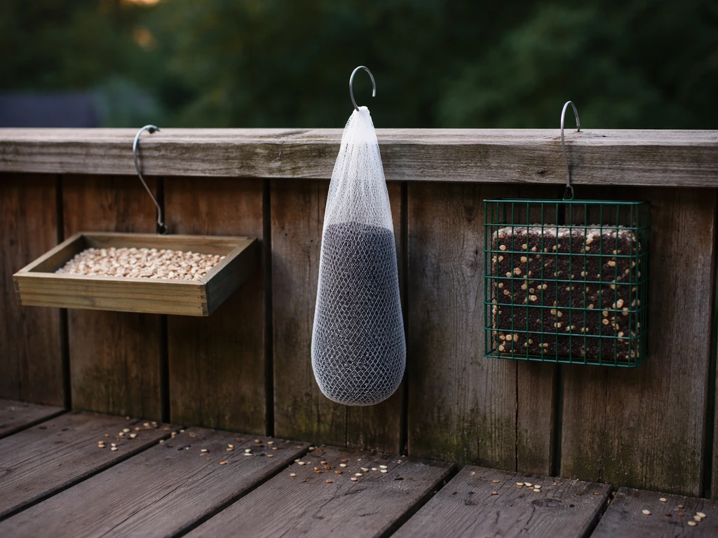 Three backyard bird feeders on a fence showing sunflower hearts, nyjer, and suet pieces.