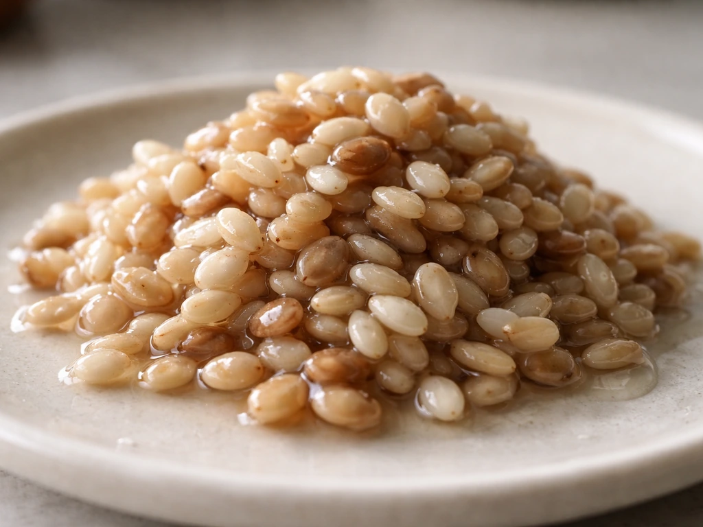 Close-up of water-saturated soaked seeds clumped together, visibly swollen with droplets on a plate.