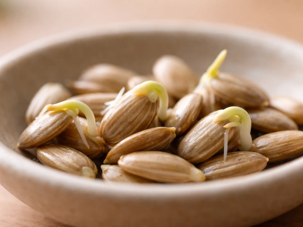 Close-up of sprouted seeds showing tiny white rootlets and small green shoots, no mold visible.