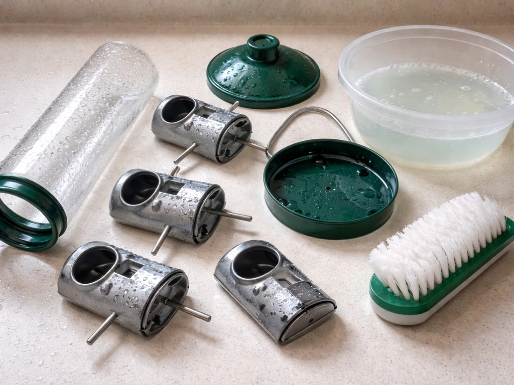 Disassembled bird feeder parts on a countertop with a scrub brush and bleach solution nearby.