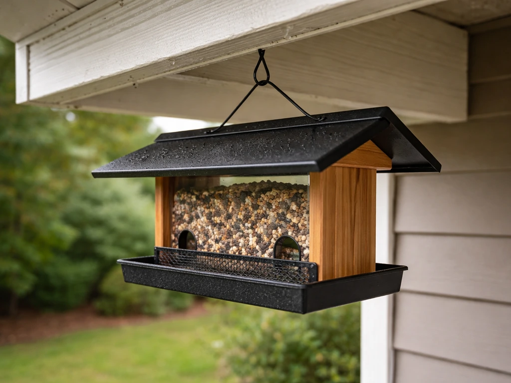 Outdoor bird feeder placed under an eave with a visible rain-shedding baffle protecting the seed ports