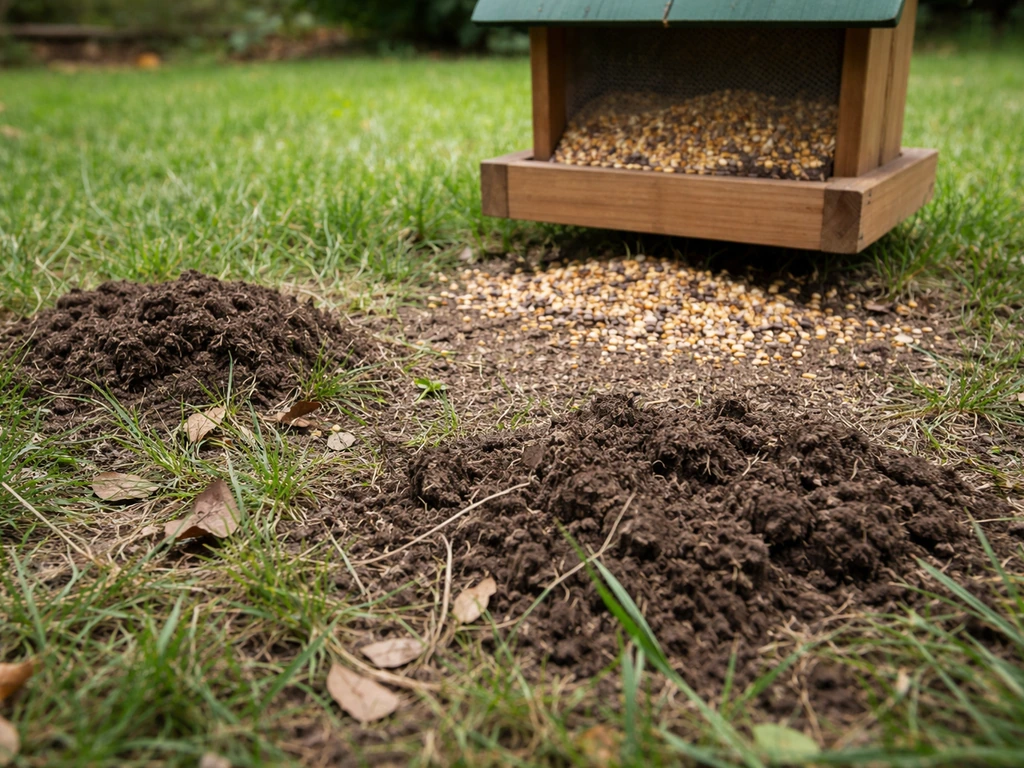 Low view of a bird feeder beside fresh gopher-like burrow mounds and scattered seed on grass.