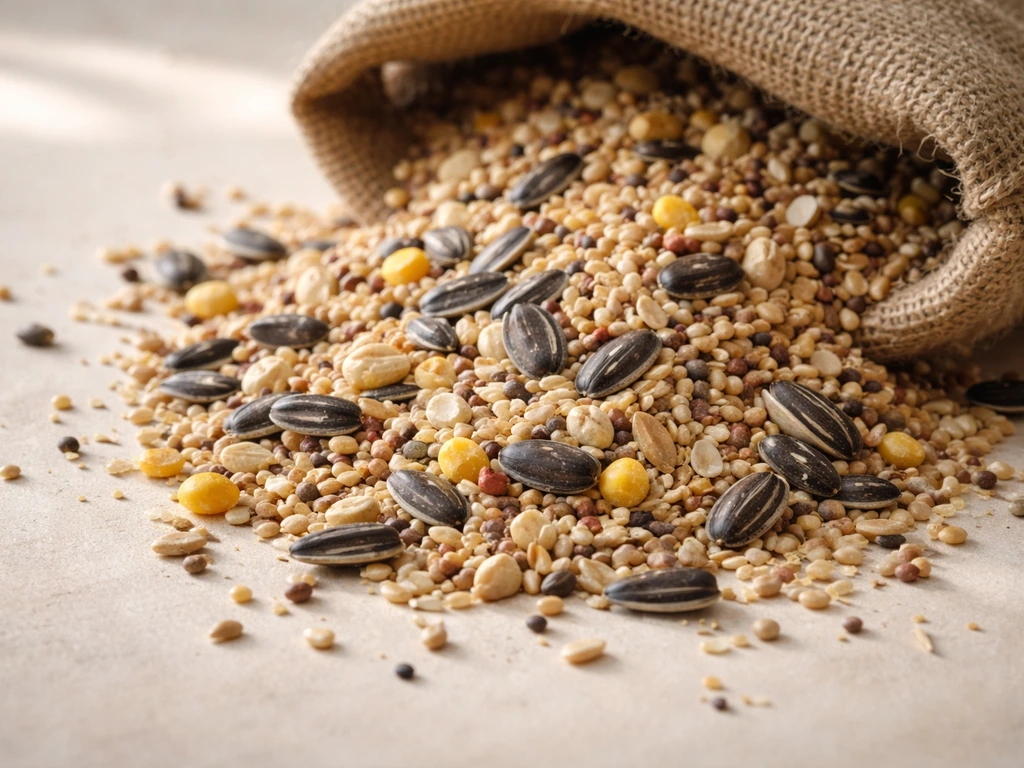 Close-up of dry bird seed kernels spilling from a bag onto a surface, showing separate solid pieces.