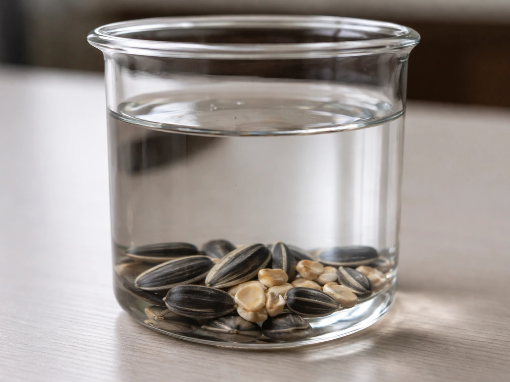 Cracked and whole bird seeds suspended in clear liquid, showing no dissolving or clouding.