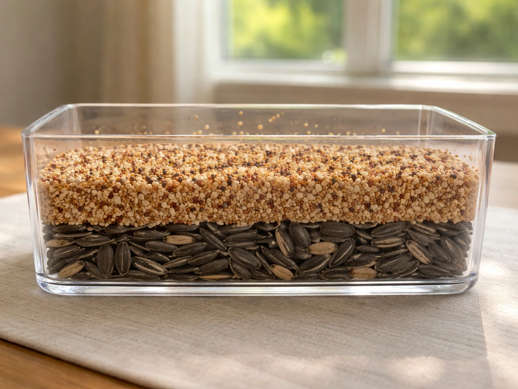 Mixed bird seed in a clear container, with heavy seeds settled at the bottom and lighter ones higher.