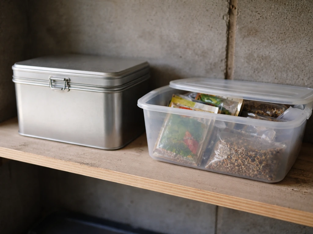 Sealed metal seed container on a shelf beside an open container in a cool, dry storage area.
