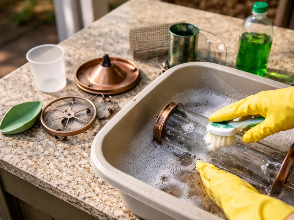 Gloved hands scrubbing disassembled bird feeder parts in hot soapy water on a counter