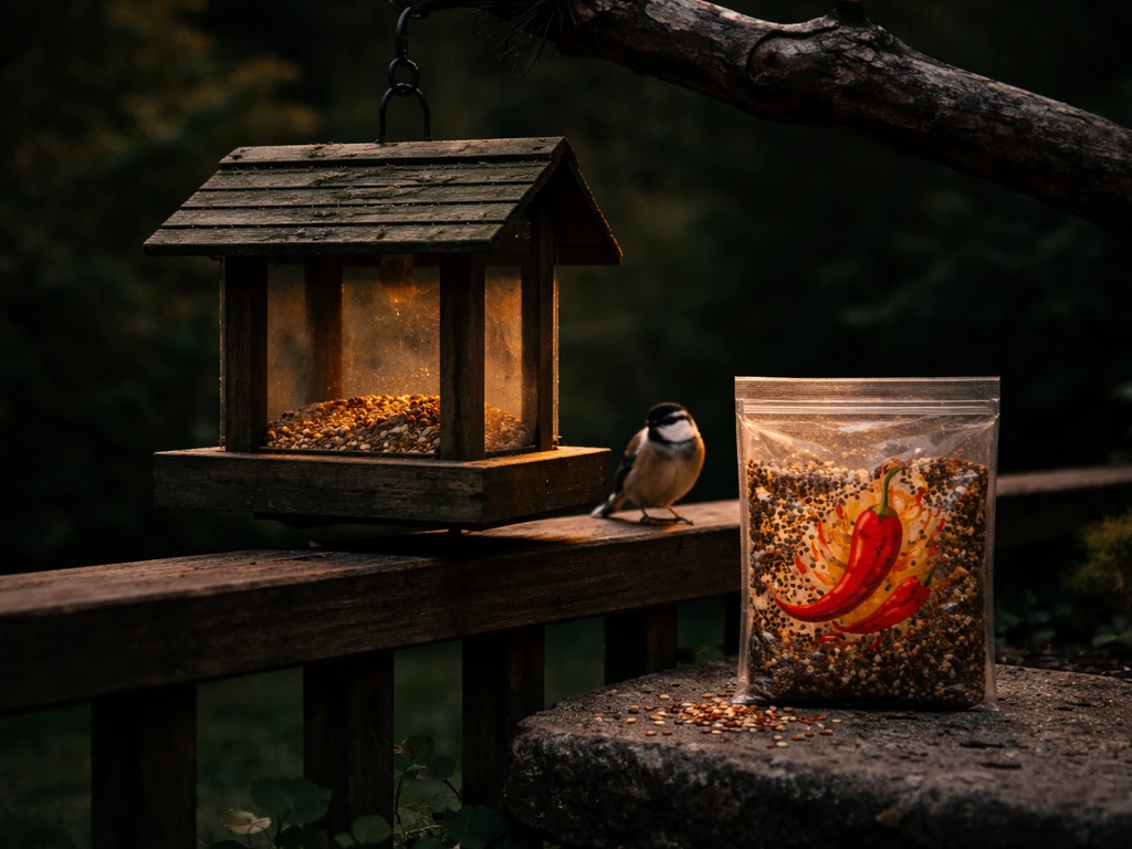 One bird near a yard feeder beside a spicy bird seed container with chili flakes.