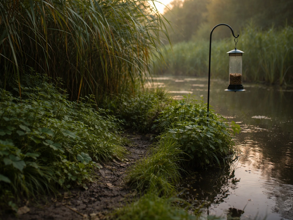 Water’s edge with dense vegetation near a bird feeder, showing a pathway to feeding areas