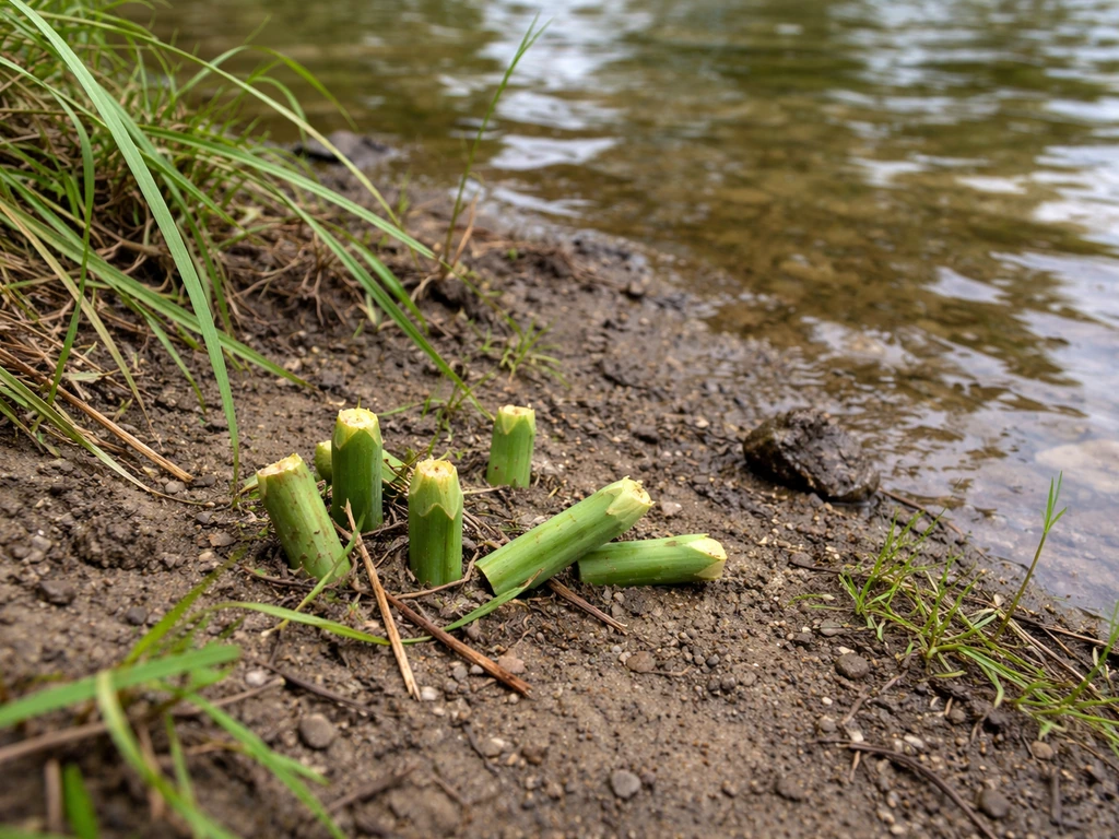 Close view of nibbled grass stems with 45-degree cuts in small piles near shallow water