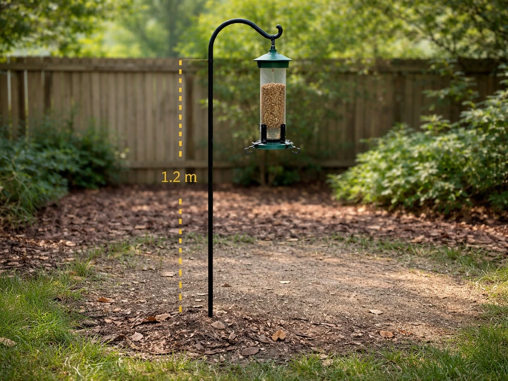 Raised bird feeder on a pole with a nearby ruler indicating about 1.2 meters off the ground.