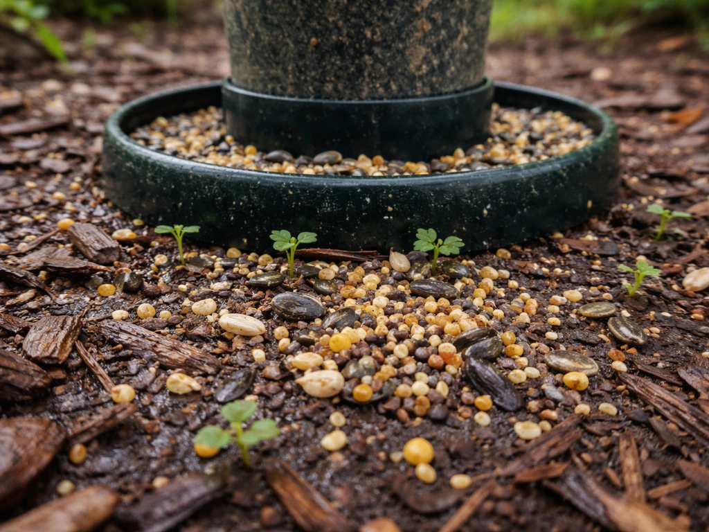 Bird seed spilled under a feeder on mulch with small green sprouts emerging.