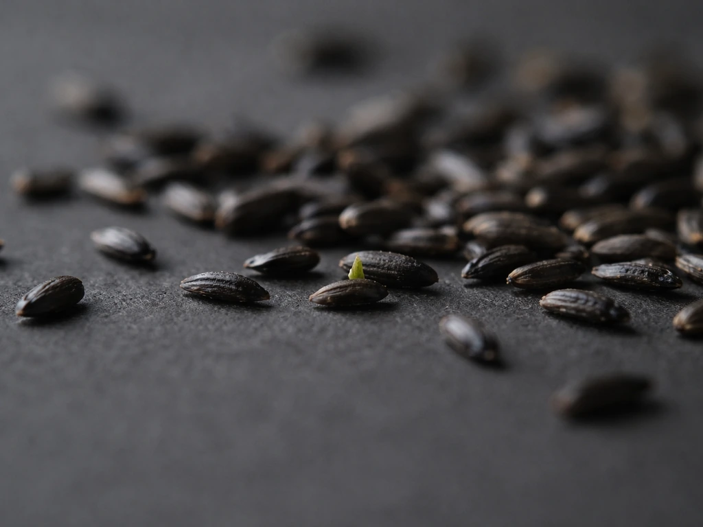 Close-up of nyjer bird seed grains with a faint sprout-like suggestion, hinting at germination