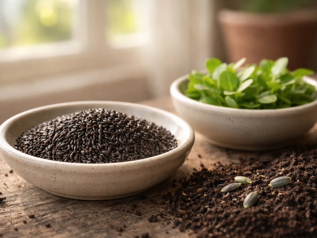 Close-up of nyjer oilseed grains in a bowl with a few green leaves nearby in natural light.