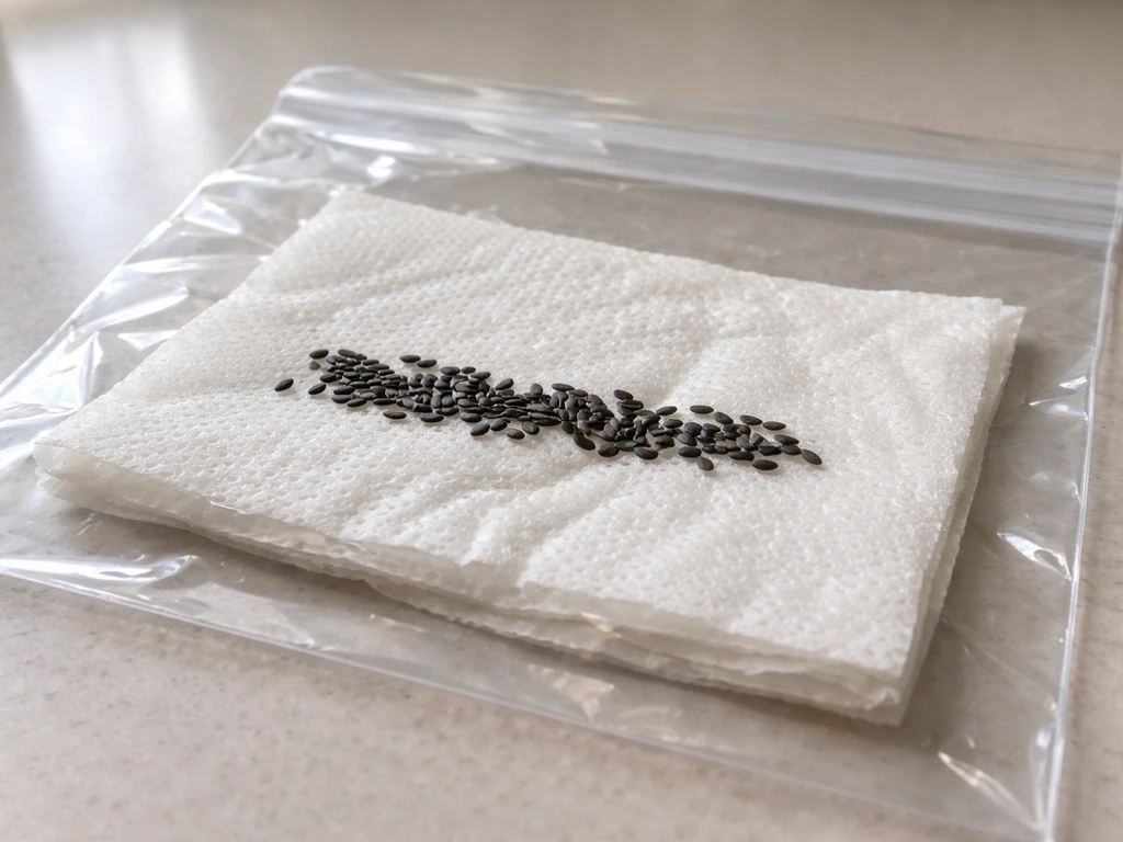 Counted nyjer seeds on a damp paper towel inside a sealed bag for a home germination test.