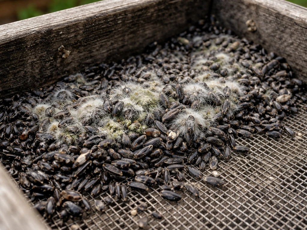 Close-up of nyjer seeds clumped in a feeder tray with gray/green mold fuzz