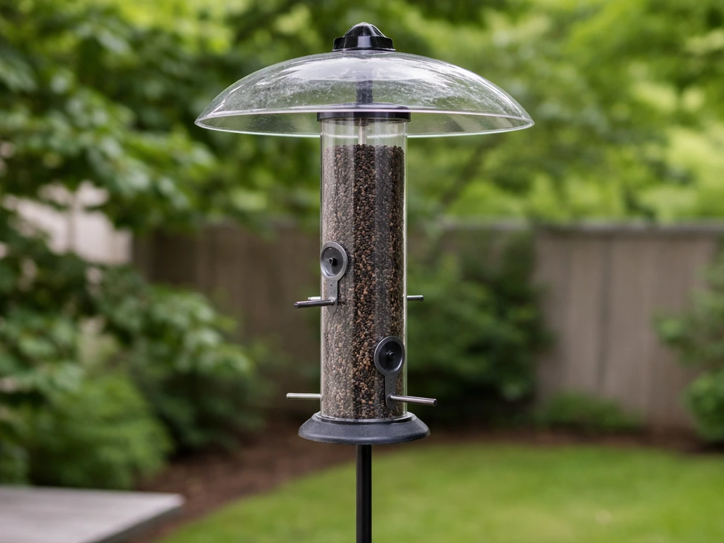 Nyjer tube bird feeder with small ports under a weather guard, seed contained and dry in a quiet backyard.