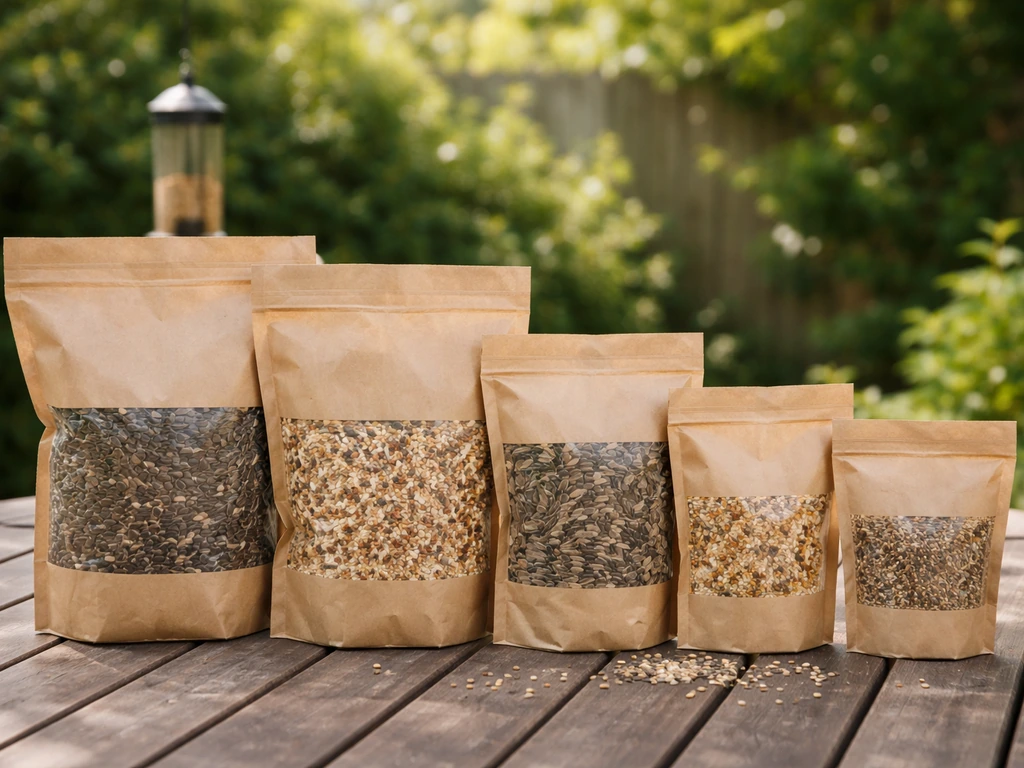 Backyard table with multiple unbranded bird seed bags of different sizes beside a feeder.