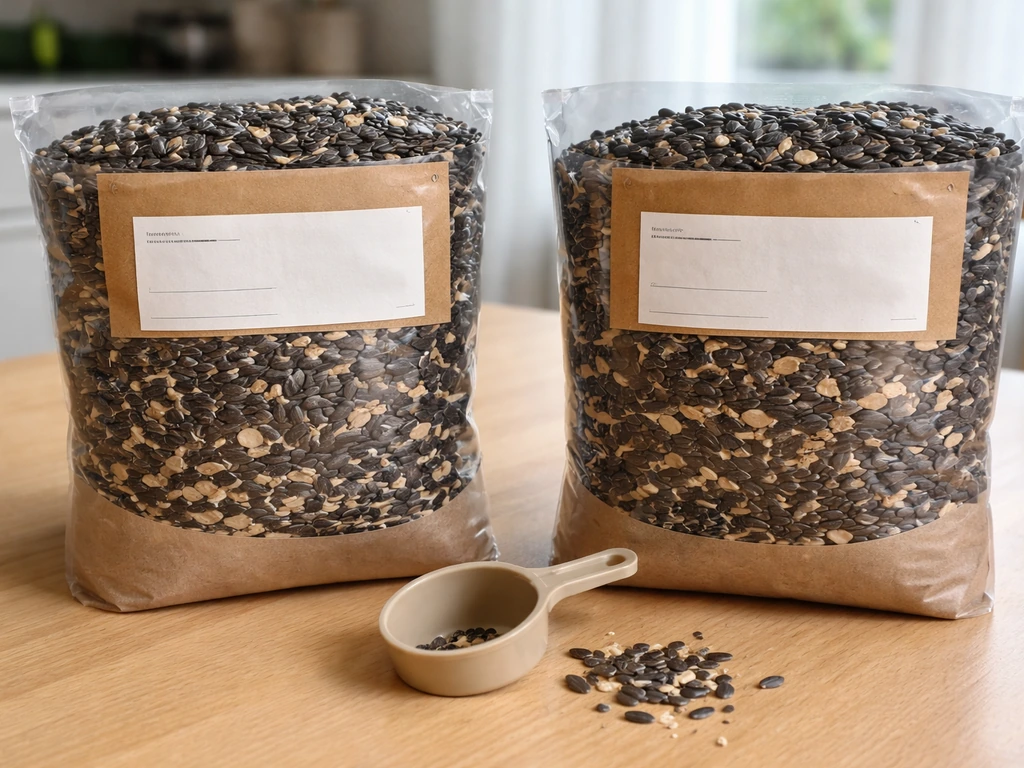 Close-up of two bird seed bags on a table showing matching seed type details and ingredient labels side by side.