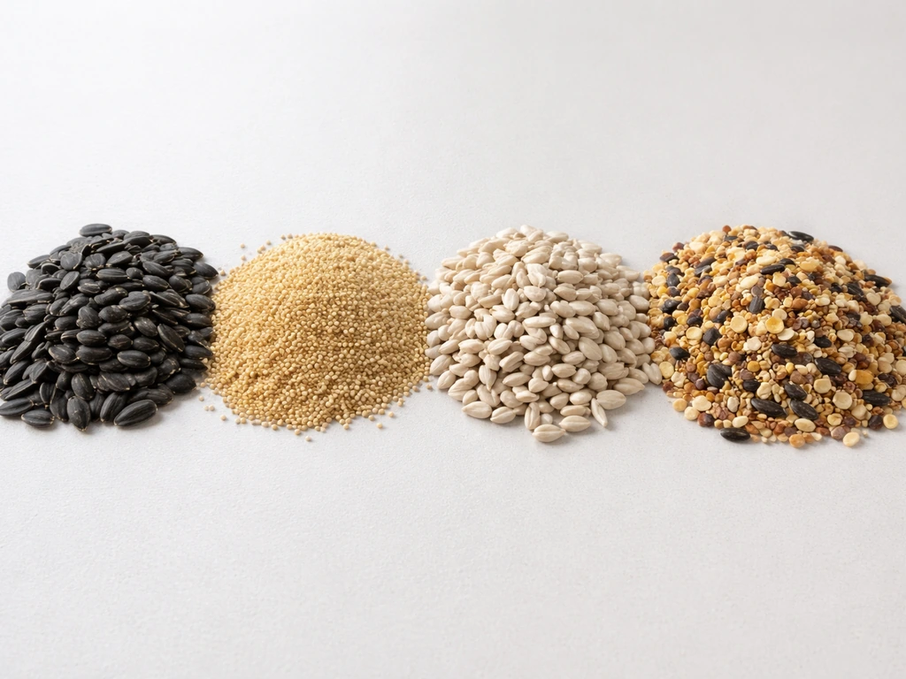 Assorted bird seed types in separate small mounds showing distinct textures and colors
