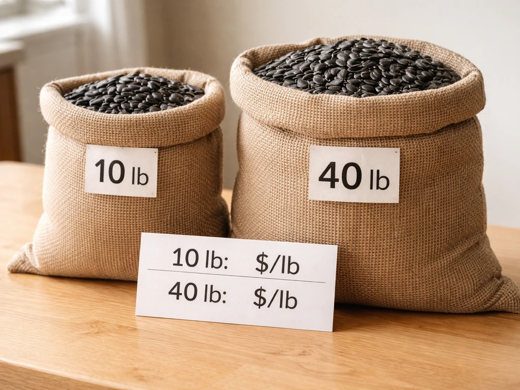 10 lb and 40 lb burlap bags of black oil sunflower seeds side-by-side with a per-pound comparison card.