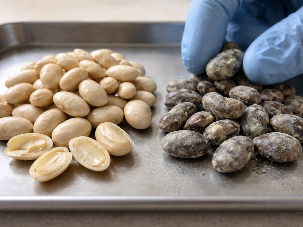 Close-up of split-open seed with visibly fresh kernels beside darker, damp, moldy kernels on a tray