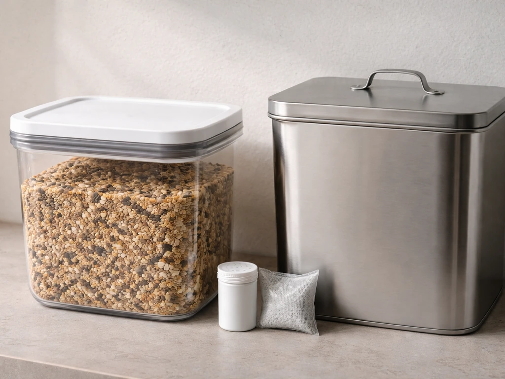 Airtight sealed bins for bulk bird seed with desiccant for moisture and pest prevention cue.