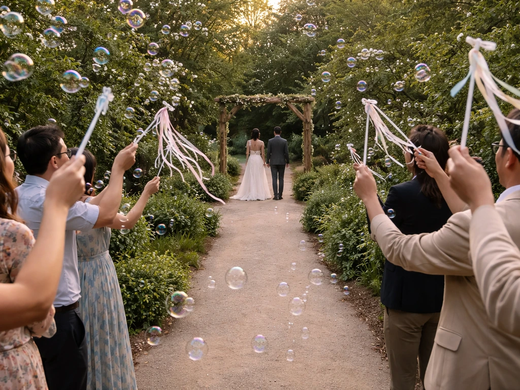 Garden wedding send-off as guests blow bubbles and wave ribbon wands along a visible path.