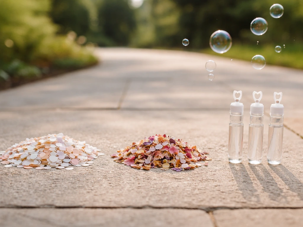 Three bird-safe wedding throw options—bubbles, petal handfuls, and paper confetti—on a simple outdoor path.