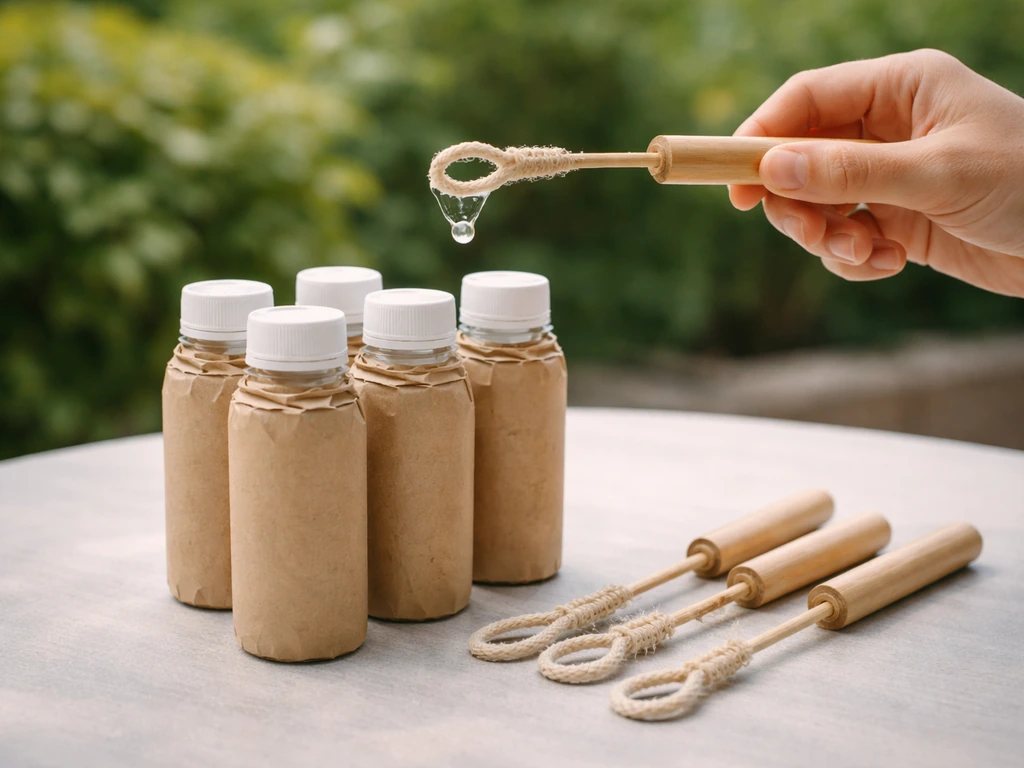 Hands preparing biodegradable bubble wands with bottles of bubble solution on a clean outdoor tabletop