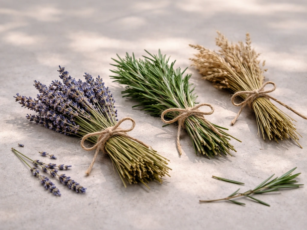 Small tidy bundles of dried lavender, rosemary, and dried grasses tied with twine, ready to throw.