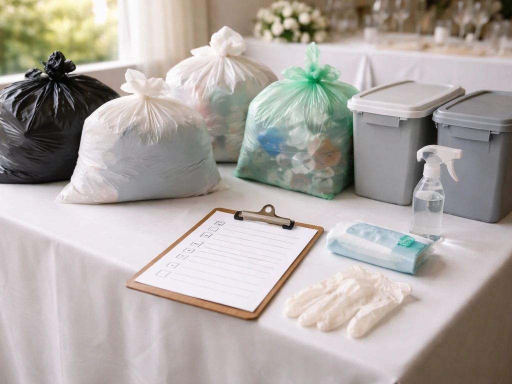 Gloves, sealed bins and bags, and a blank checklist on a table for post-event pickup cleanup.