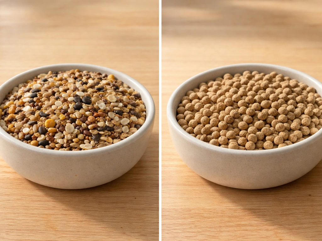 Split view of bird seed and uniform pellets in separate bowls for choosing nutrition