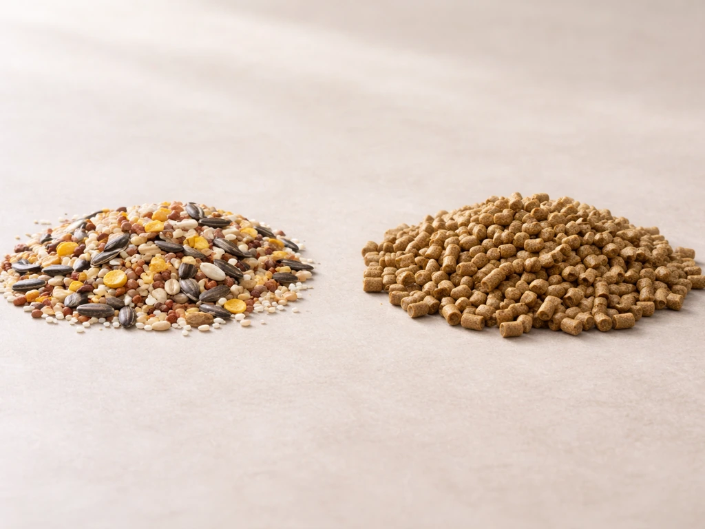 Close-up of loose seed mix and small formulated pellets on a neutral tabletop