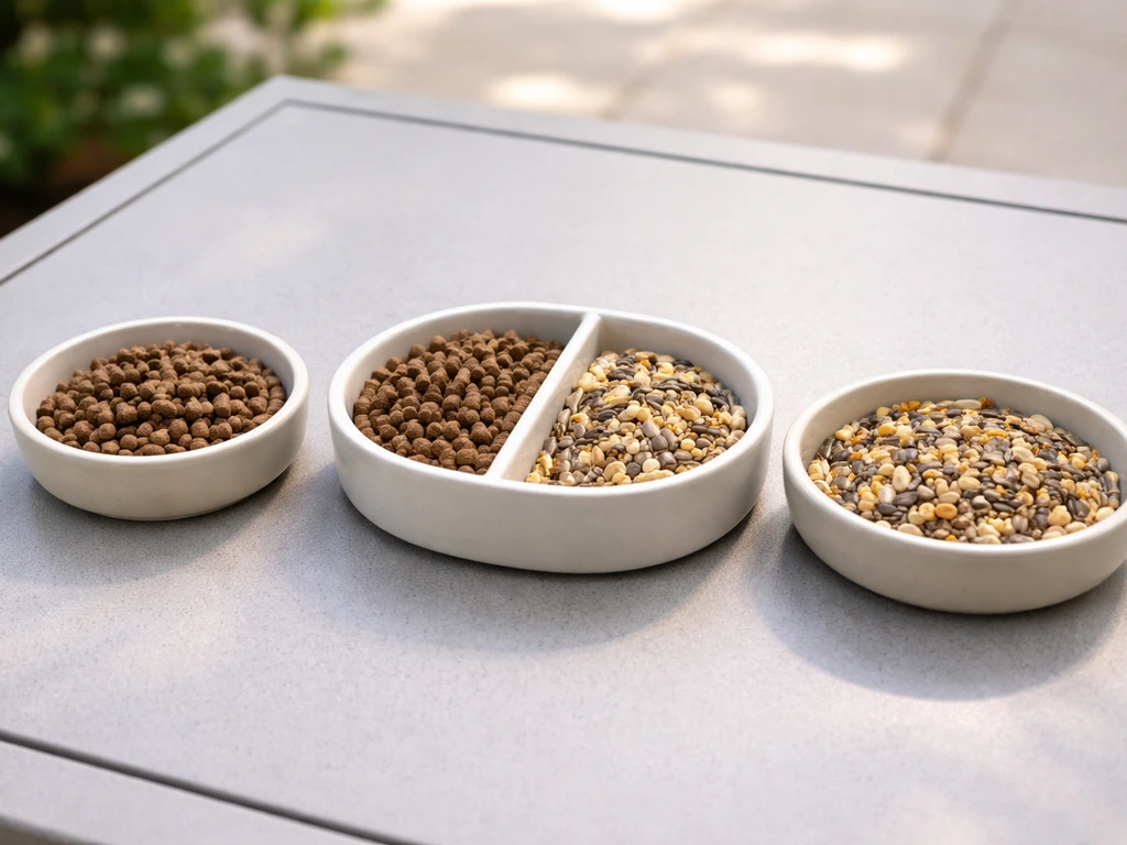 Close-up of a simple bird feeding setup with pellets and seeds in separate bowls outdoors.