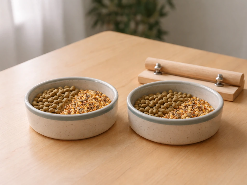 Two feeding bowls on a table showing pellets beside seed for a gradual bird diet transition.