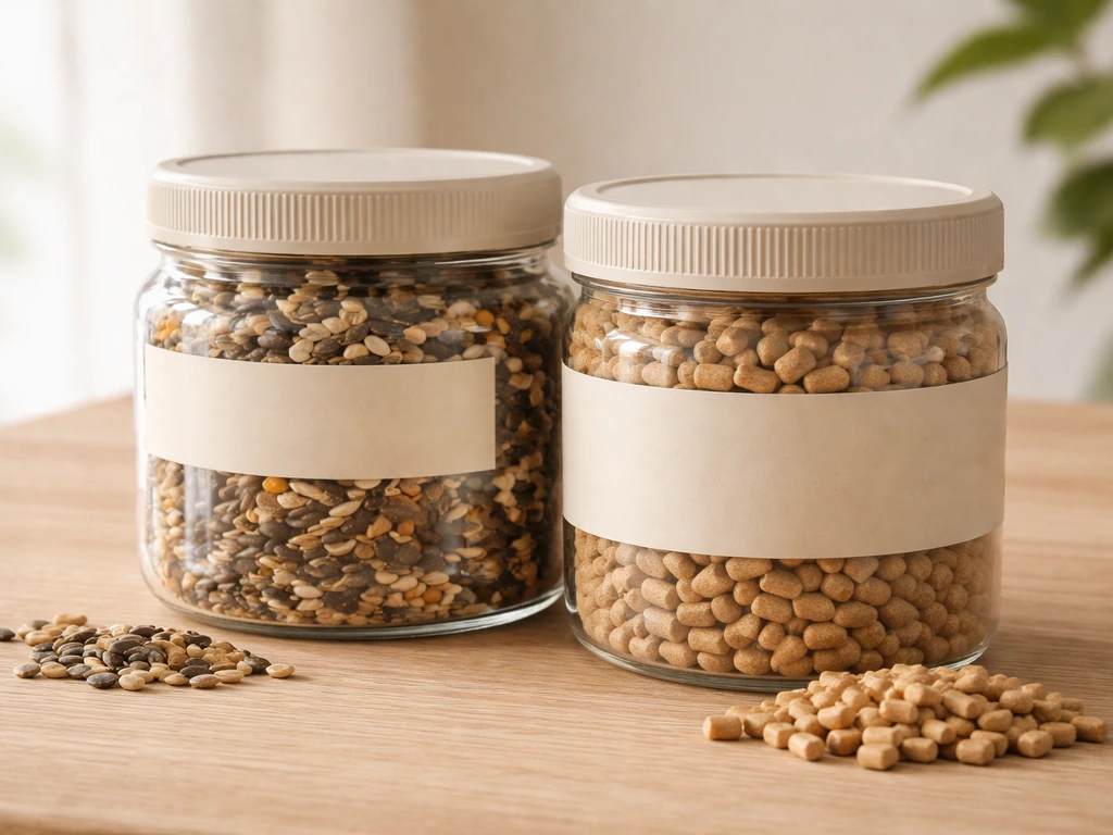 Sealed jars of dry seed and pellets on a clean surface in bright natural light, showing airtight, moisture-free storage.