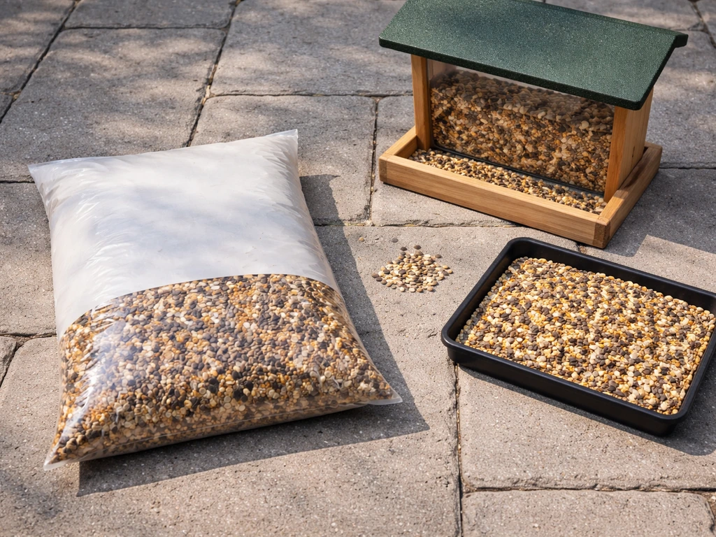 Top-down view of a weed-free bird feeder setup on clean pavers with a bird seed mix package.