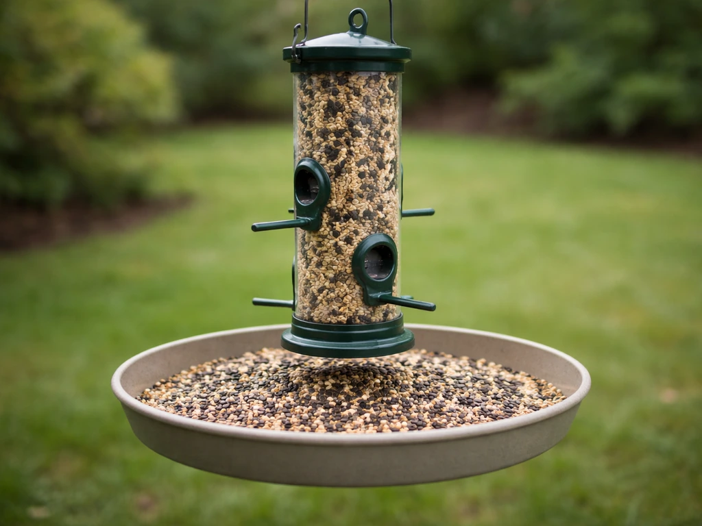 Tube bird feeder with small ports positioned over a seed-catching tray in a simple backyard setting.