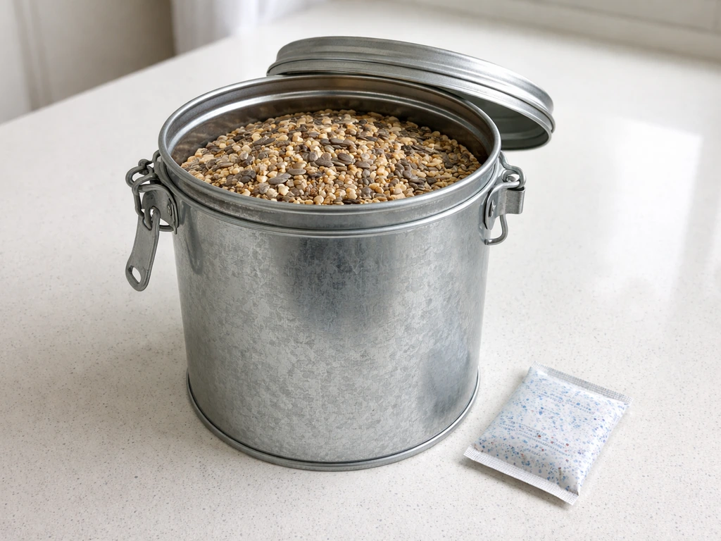 A locking-lid galvanized container of dry birdseed on a countertop with moisture-control emphasis.