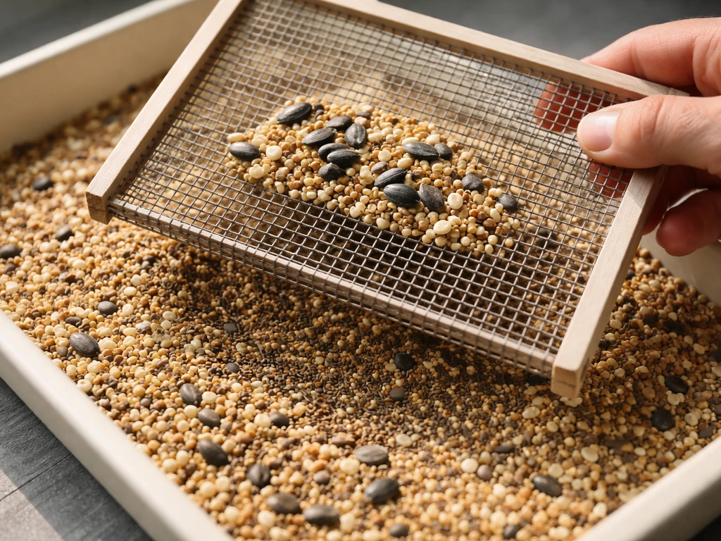 Close-up of bird seed on a light tray being hand-sifted, with smaller darker weed seeds separating from larger seeds.