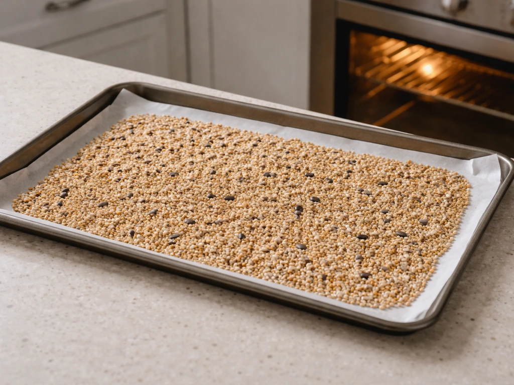 Single layer of bird seed on a baking sheet with an oven dial visible in a minimal home kitchen setup.